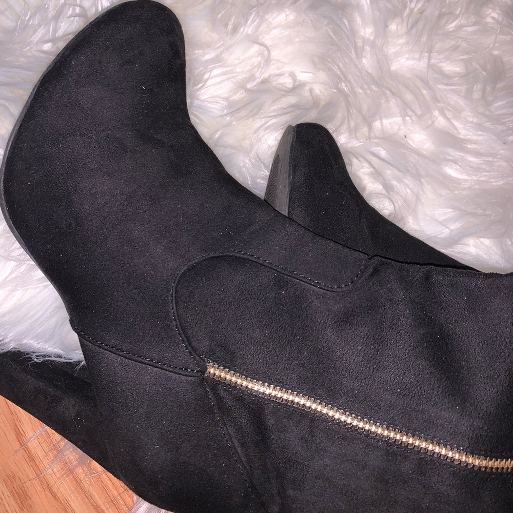 Black gold accent round toe thigh high boots